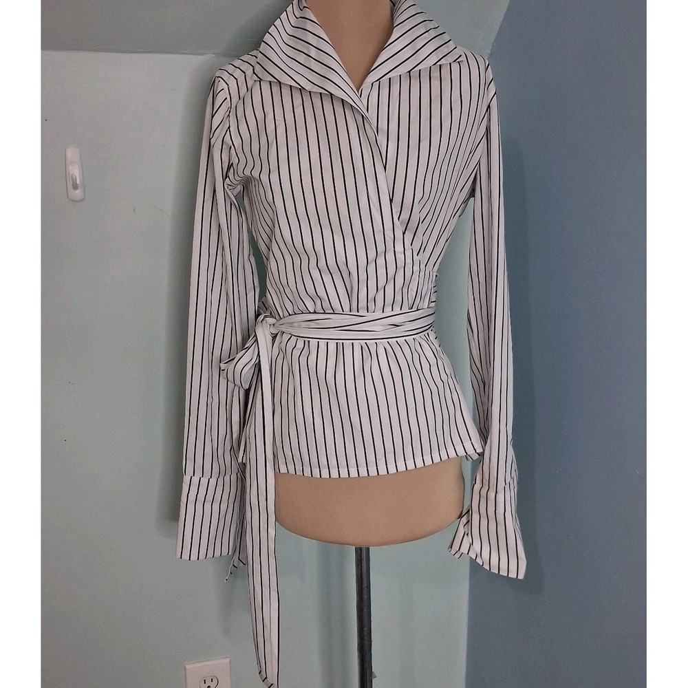 J Peterman Womens Top Sz 2 Striped Long Sleeve Wrap Blouse Collared Old Money